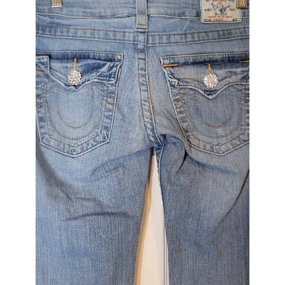 True Religion World Tour Embellished Denim Blue Jeans Flap Pocket Size 27 Women - Picture 4 of 9